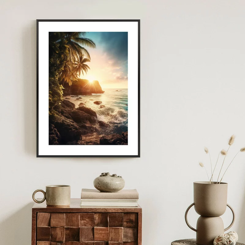 Plakat w ramie - zachód słońca z palmami i kamienistym brzegiem morza - obrazek 1