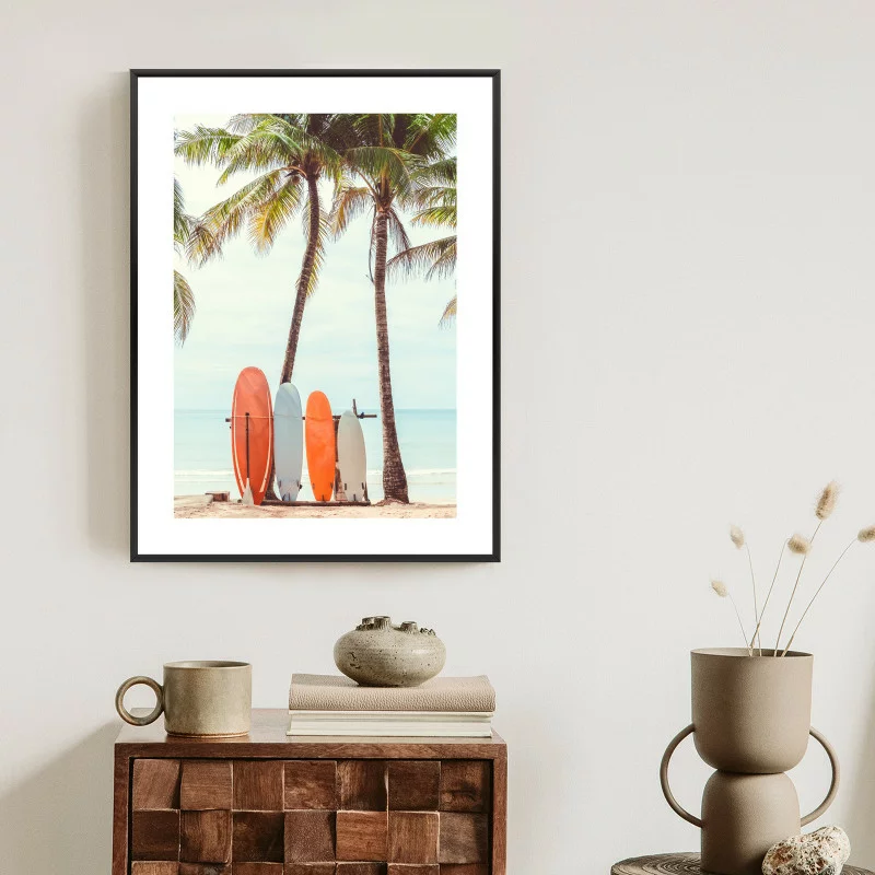 Plakat w ramie - surfing i drzewa palmowe - obrazek 1