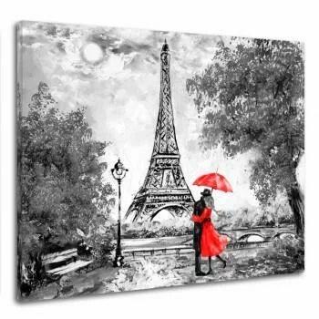 Obraz zakochani pod czerwoną parasolką