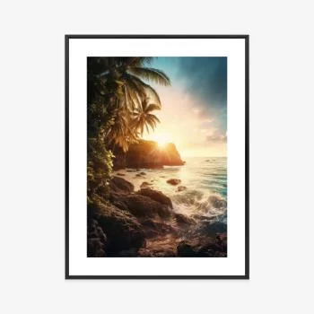 Plakat w ramie - zachód słońca z palmami i kamienistym brzegiem morza - obrazek 3