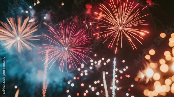 Fototapeta A close-up of colorful fireworks exploding against a dark background, with plenty of clear sky for text placement.