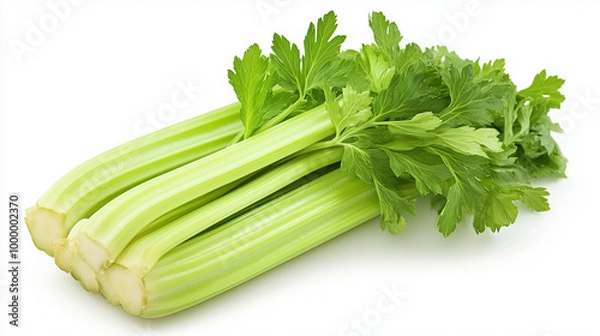Fototapeta Fresh celery sticks on white background, healthy vegetable, organic produce, copy space