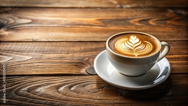 Fototapeta Image of a cup of cappuccino and a cup of coffee on a brown wooden table with leading lines