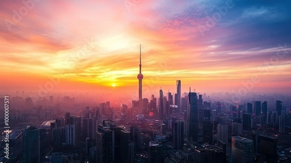 Fototapeta A panoramic view of a city skyline bathed in sunset colors, with ample space in the sky for text. -