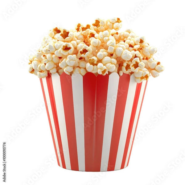 Fototapeta A vibrant bucket of popcorn ready for movie night, featuring classic red and white striped design for an inviting snack experience., isolated on a transparent background.