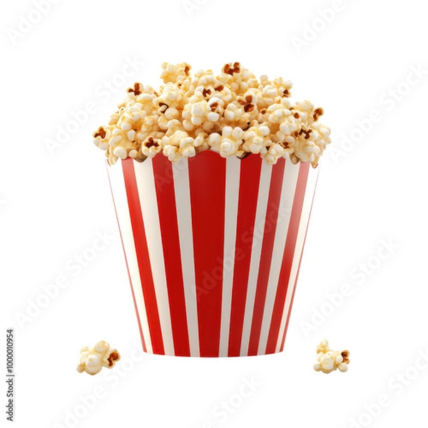 Fototapeta A vibrant red-striped popcorn bucket filled with fresh, buttery popcorn, perfect for movie nights and snacking., isolated on a transparent background.