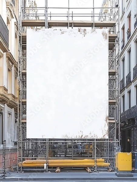 Fototapeta A blank white poster mockup on a temporary construction site fence, with the scaffolding and unfinished building in the background.