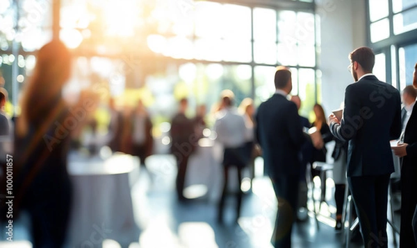 Obraz Blurred silhouettes of business professionals mingling at a networking event in a modern, sunlit atrium with floor-to-ceiling windows