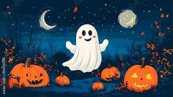 Obraz Happy Halloween Ghost and Jack o Lantern in Forest Night