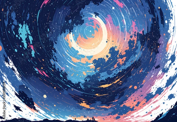 Obraz 星が渦巻く夜空の下、広がる幻想的な世界