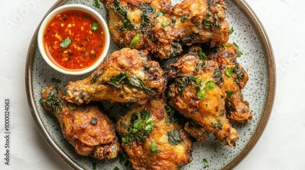 Fototapeta Crispy, golden brown chicken wings with a side of spicy dipping sauce.