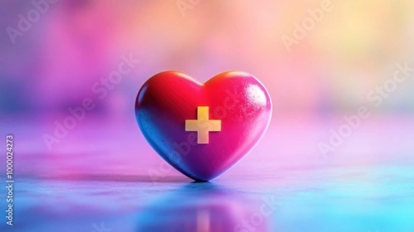 Fototapeta A glossy heart symbol with a medical cross, set against a colorful gradient background.