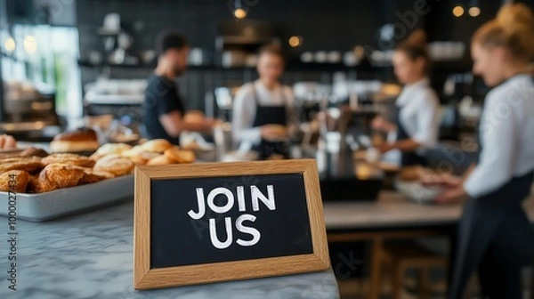 Fototapeta Close-up of a 'Join Us' sign on a cafe counter with blurred baristas in the background, inviting job applicants.