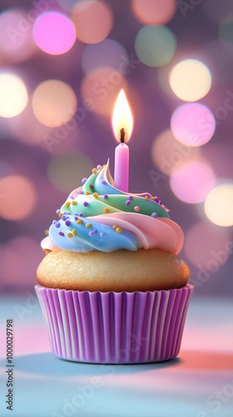 Fototapeta Warm candlelight on a rainbow cupcake
