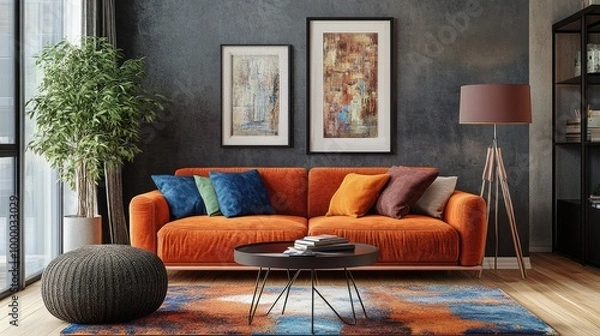 Fototapeta Urban apartment living room with a burnt orange sofa, multicolored cushions, and sleek modern furniture, creating a trendy, colorful space.