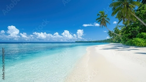 Fototapeta A beautiful beach with a clear blue ocean and palm trees in the background. The sky is mostly clear with a few clouds scattered around. The beach is empty, giving it a peaceful and serene atmosphere