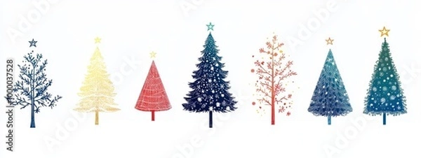Fototapeta A row of Christmas tree silhouettes in different colors, each with a star on top and snowflakes hanging from the branches, arranged against a white background. elegant festive atmosphere 