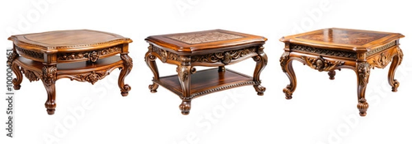 Fototapeta set of Ornate Wooden Coffee Table isolated on transparent background, cut out