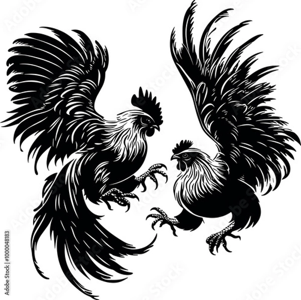 Fototapeta Angry rooster fighting in a hand-drawn vector sketch illustration. Black and white image on a transparent background. Rooster, game-cock, cockfight, attack, fighter, black and white cocks fighting.
