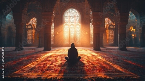 Fototapeta A quiet moment of prayer in a mosque, with a single worshipper kneeling on a beautifully patterned carpet, surrounded by the intricate architecture and soft light filtering through the windows.