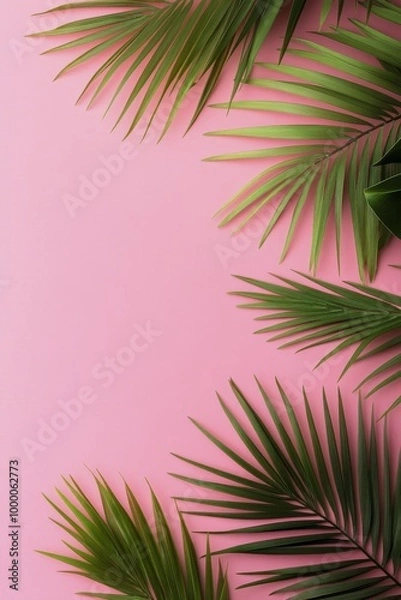 Fototapeta Green palm leaves frame a bright pink background in a vibrant tropical setting