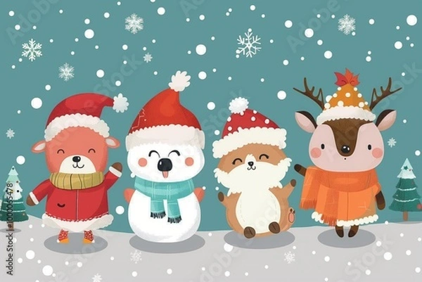 Fototapeta Cartoon animals near the Christmas tree are enjoying the snowfall. New Year and Christmas are coming soon