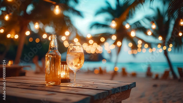Obraz A bottle of beer and a wine glass are on a table by the beach