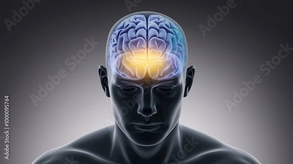 Fototapeta 3D Render of a Human Head with a Transparent Skull, Showcasing a Glowing Yellow Brain Highlighting the Frontal Lobe Against a Dark Gray to Black Gradient Background