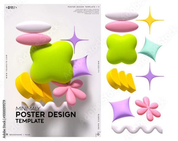 Fototapeta Set of colorful 3d geometric shapes, including spheres, stars, other forms, minimal modern poster design template with geometric soft blown objects of different shapes. Vector illustration