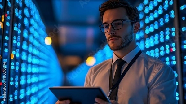 Fototapeta Corporate IT Men Professional in Data Center Monitoring Servers with Tablet