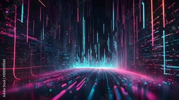 Fototapeta Abstract futuristic cityscape with glowing neon lines.