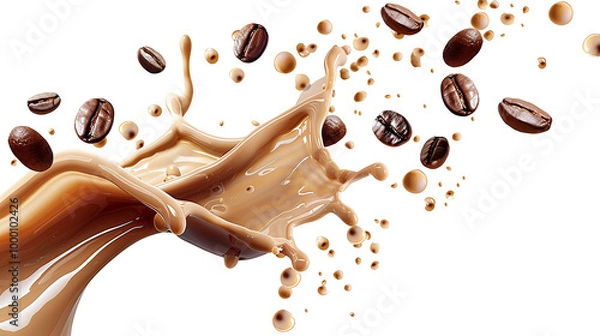 Obraz Milk brown coffee liquid swirling splash and small bubbles with falling coffee beans isolated on transparent png background. PNG
