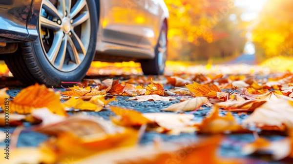 Fototapeta Capture the essence of autumn with this vibrant image of a car driving down a wet road, surrounded by fallen leaves. Perfect for showcasing travel, seasonal change, and the beauty of nature in motion.