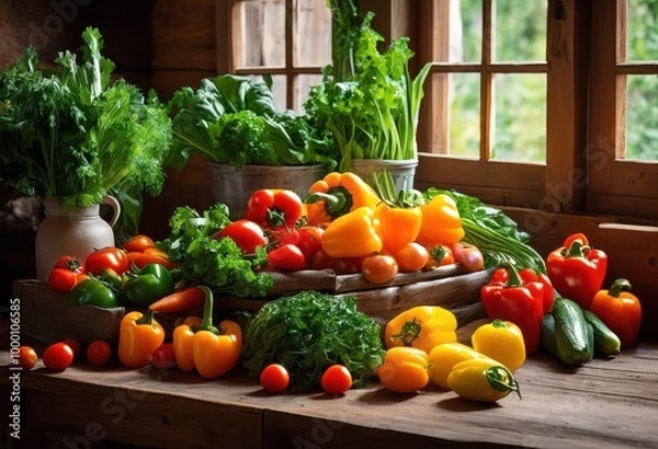 Fototapeta vibrant arrangement fresh vegetables showcasing colorful variety healthy dining experience, avocado, basil, beet, broccoli, carrot, cauliflower, chard