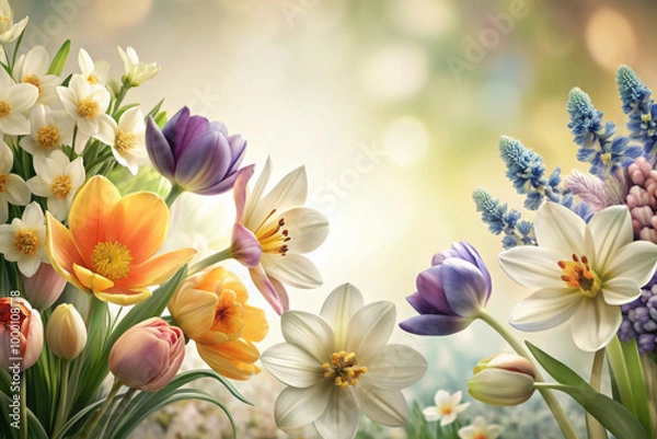 Fototapeta A vibrant display of spring blossoms highlighting tulips, lilies, and daffodils against a soft, dreamy background of sunlight. Generative AI