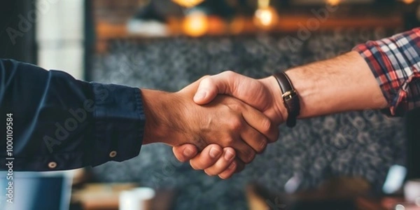 Obraz Close-up of a handshake between two individuals in a casual café environment, symbolizing agreement and partnership