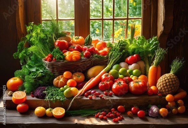 Fototapeta colorful display fresh ingredients artfully arranged rustic wooden surface eye catching presentation, avocado, basil, berry, bowl, bright, carrot, chili