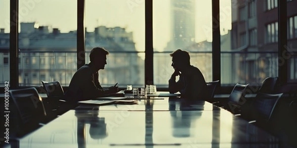 Obraz Silhouettes of two professionals in deep discussion at a long conference table in an office with a city view