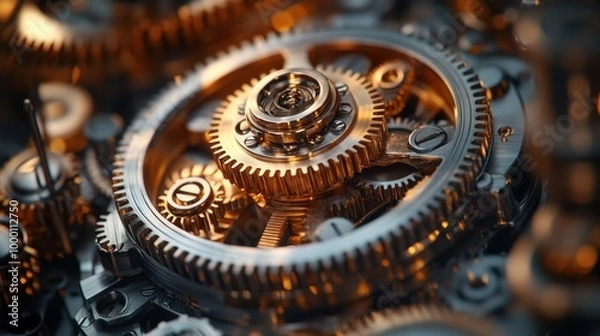 Fototapeta Creative Closeup of Interlocking Gears and Cogs in Industrial Machinery.
