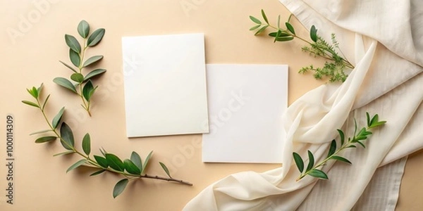 Fototapeta Minimalist Elegance Closeup of White Cards on Light Brown Surface with Textured Background - Tranquil and Sophisticated Mockup for Branding and Design