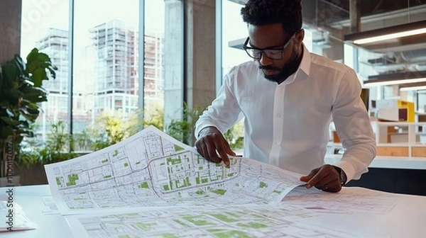 Fototapeta A civil engineer reviewing zoning regulations and project plans for a new urban district with city maps