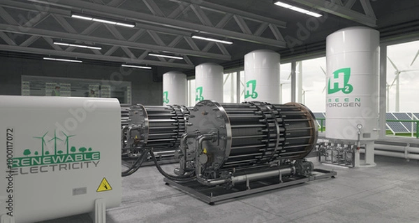 Fototapeta Modern facilities for the production of green hydrogen through advanced electrolysis. Realistic 3D render.