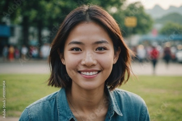Obraz Close portrait of a smiling young Vietnamese woman looking at the camera, Vietnamese outdoors blurred background