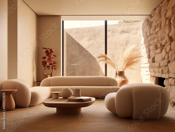 Fototapeta Simple minimalist interior living room with beige walls and abstract assymetric boucle sofa in light color. Abstract statement decor.
