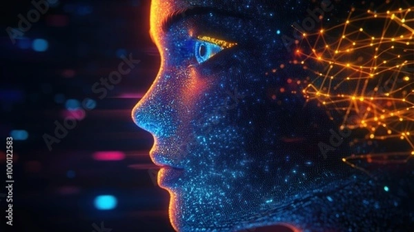 Fototapeta Side view of a humanoid head with blue and yellow eyes and vibrant neon neural network, representing futuristic technology and artificial intelligence. Generative AI