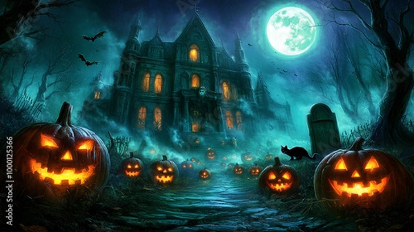 Fototapeta A spooky haunted mansion under a full moon, surrounded by glowing jack-o'-lanterns and a black cat, with bats flying overhead.