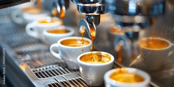Obraz Row of espresso cups being filled by professional coffee machine in a cozy cafe setting
