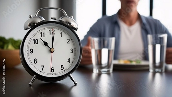 Fototapeta close-up of a table clock showing the time ticking down to the next meal, capturing the struggle and patience involved in managing hunger during intermittent fasting