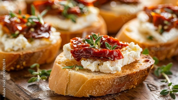 Obraz A medium close-up of a single bite-sized bruschetta topped with creamy goat cheese, sun-dried tomatoes, and a sprig of fresh thyme.
