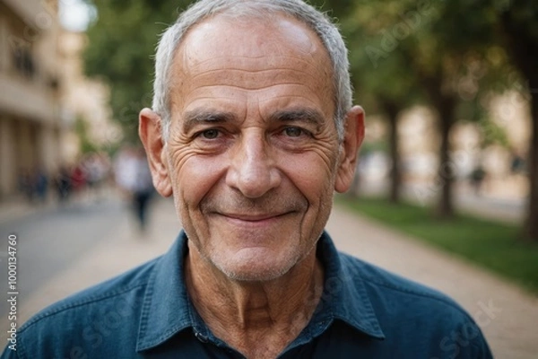 Obraz Close portrait of a smiling senior Israeli man looking at the camera, Israeli outdoors blurred background